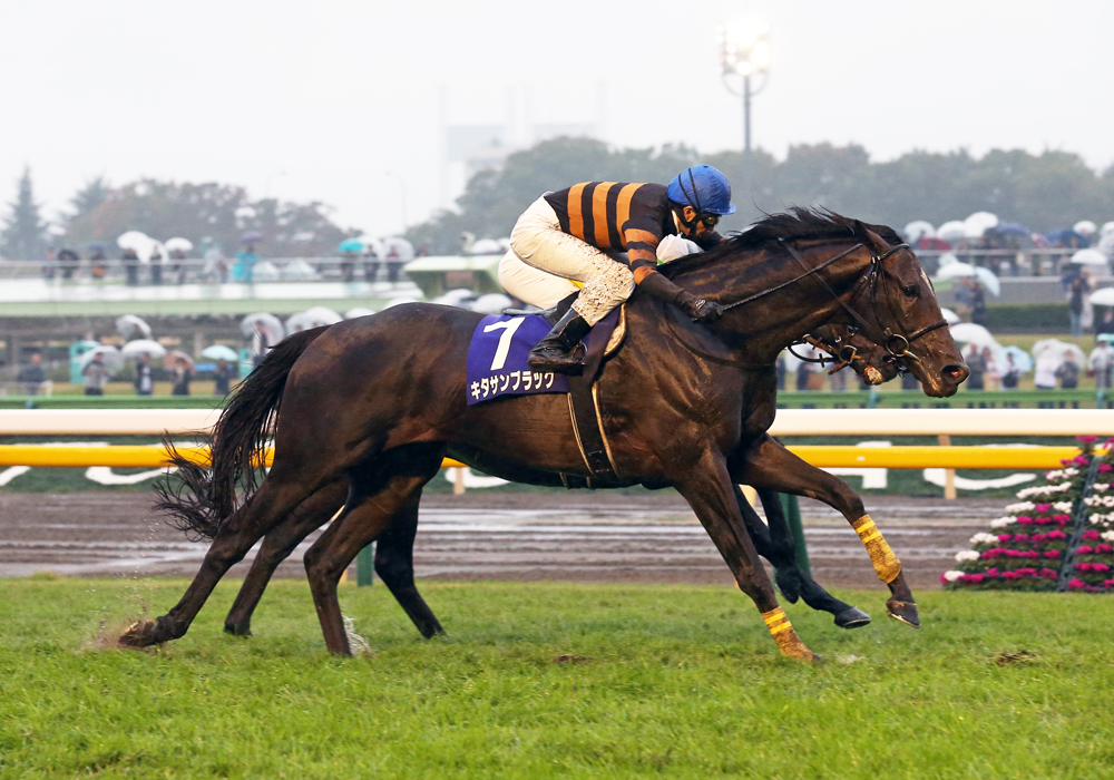 激しい雨に泥をかぶりながらも最後まで後続馬の追撃を許さず天皇賞春秋連覇を決めたキタサンブラック号